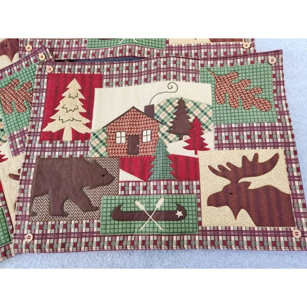 Set of 4 Patchwork Embroidered Placemats Rustic Cabin Cottagecore‎ Bear Moose